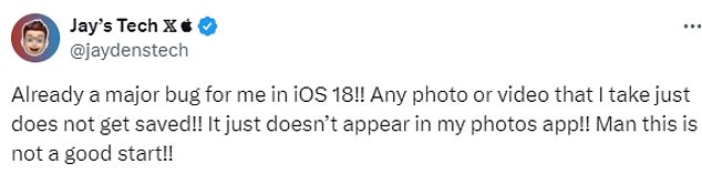 Apple enthusiast who goes by the name Jaden discovered what he called 'a big bug': none of his photos or videos were saved to the photos app