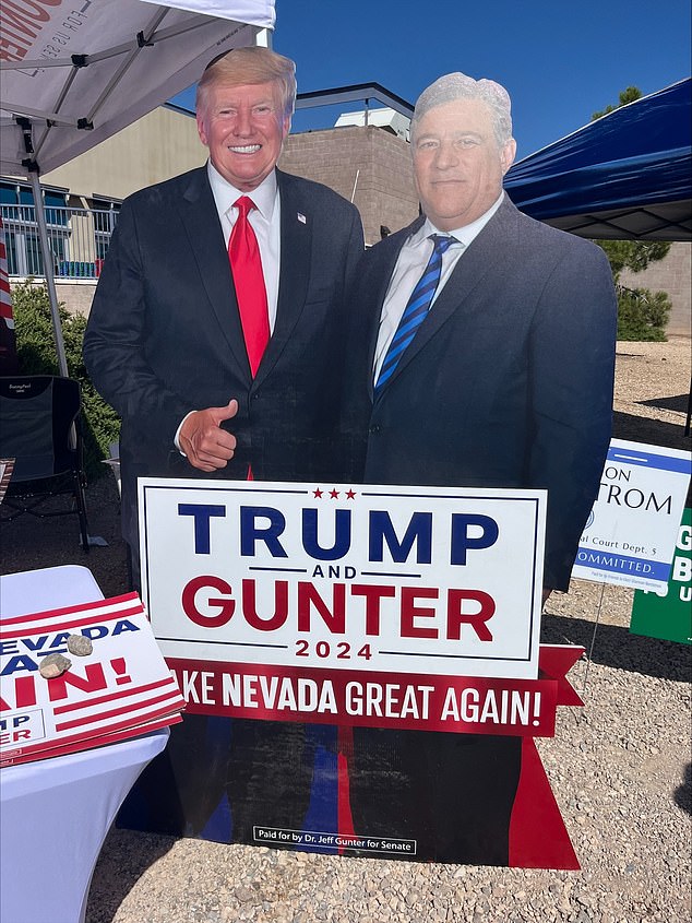 A cutout of Trump and Gunter greeted voters who cast their ballots in Las Vegas on Tuesday.  Gunter ran as a “110% pro-Trump” candidate in the race