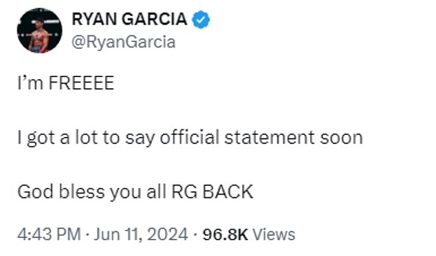 1718146639 771 Ryan Garcia declares hes free after Los Angeles arrest as