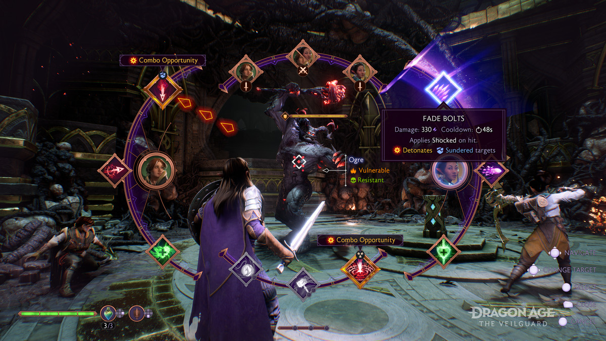 A screenshot of one of the battle interface screens in Dragon Age: The Veilgaurd, showing various special attacks the protagonist can perform