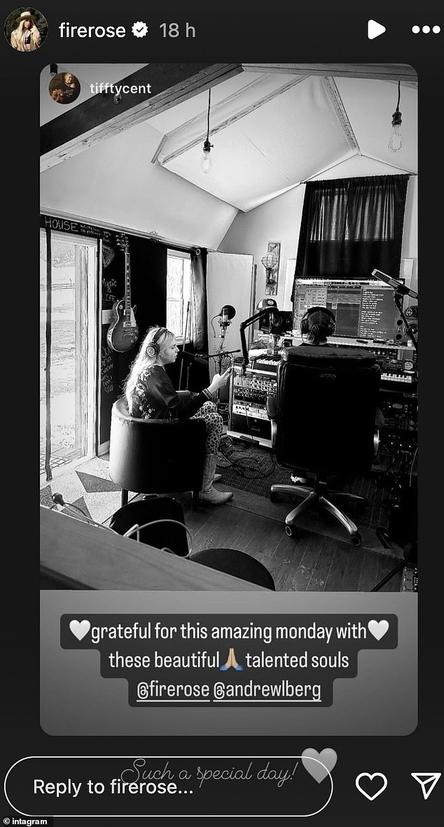 The Australian artist, 34, was tagged in an image on Instagram, which showed her recording music in a studio.  She reposted the photo to her story and said: 'Such a special day'