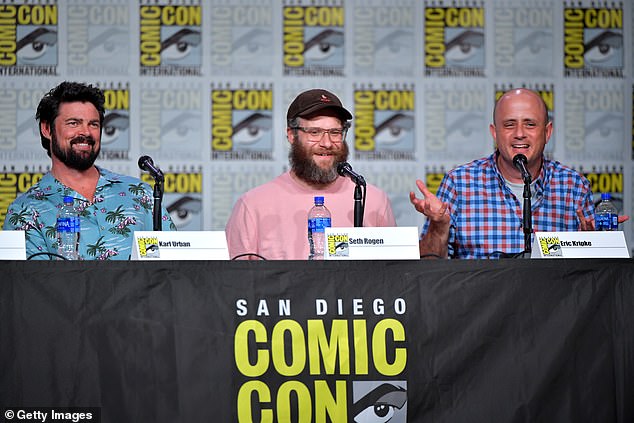 The Boys returns Thursday with the first three episodes before airing weekly;  Kripke (R) pictured with Urban (L) and EP Seth Rogen (center) in 2019 in San Diego