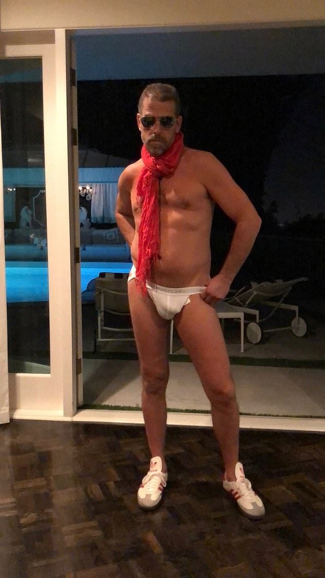 Photos on Hunter's abandoned laptop, dated September 30, 2018, show him in barely-there white underwear and a red scarf at a party at a rented Hollywood house