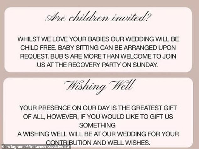 “While we love your babies, our wedding will be child-free.  Babysitting can be arranged upon request,” the invitation reads