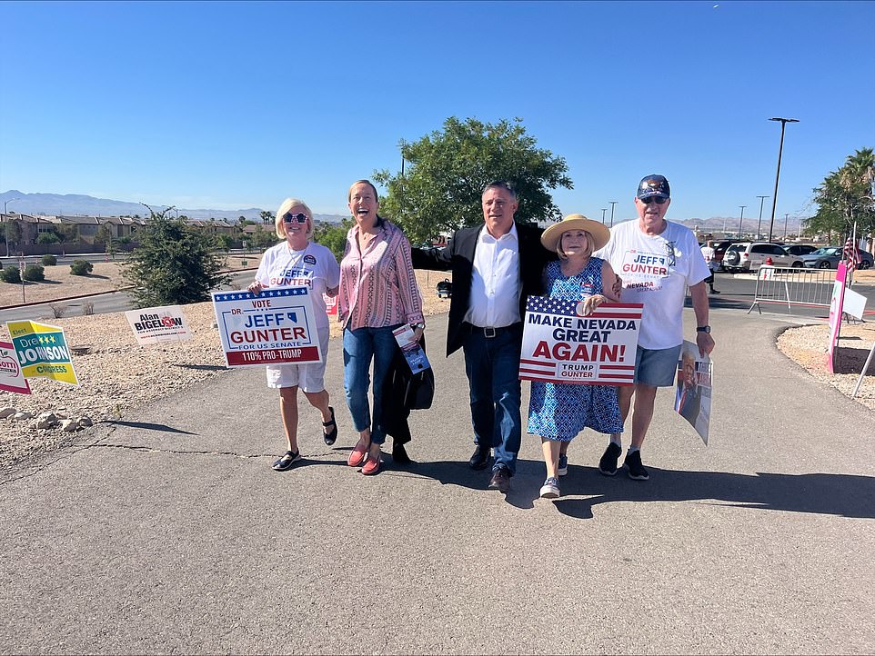 Nevada voters head to the polls on Tuesday to cast their ballots in a series of primaries, including Nevada's Republican Senate primary.  Whoever wins the race will face vulnerable Democratic Senator Jacky Rosen in November.  Republican Sam Brown has taken the lead in the polls, but his opponent Jeff Gunter has declared his candidacy as a '110 percent pro-Trump' candidate.