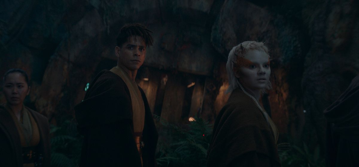 Charlie Barnett and Dafne Keen wear Jedi robes and look at the camera in Star Wars: The Acolyte