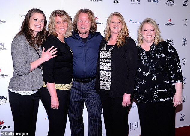 Meri had a polygamous marriage with Kody and his three other wives, Janelle, Christine, 52, and Robyn, 45, before splitting over a year ago;  (L-R) Robyn, Meri, Kody, Christine and Janelle in 2012