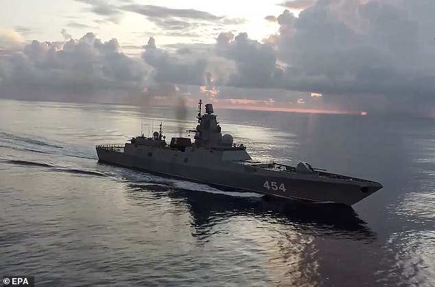 A still image from a distribution video made available by the Russian Ministry of Defense press service on June 11, 2024 shows the Russian Navy frigate 'Admiral Gorshkov' taking part in military exercises in the Atlantic Ocean while en route to Cuba