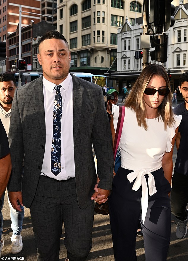 Hayne was released from the Mary Wade Correctional Center in Lidcombe in Sydney's west shortly before 5pm.  He is pictured outside court with his wife Amellia Bonnici after being found guilty of rape in April last year