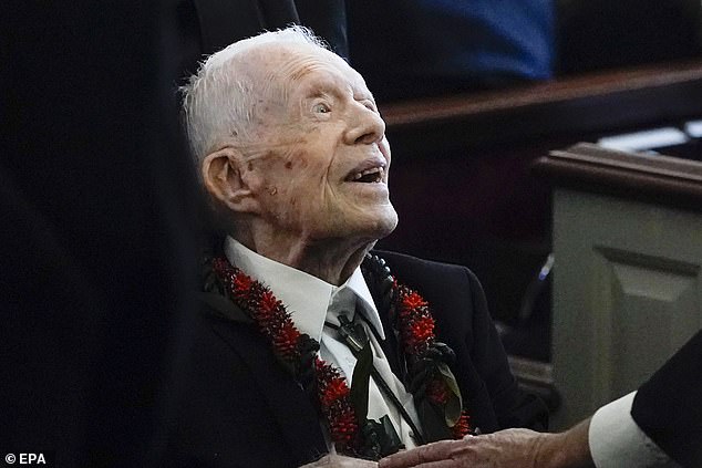 Jimmy Carter attends the funeral service of his beloved wife Rosalynn Carter in November 2023