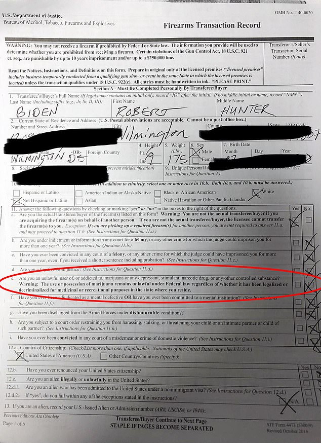 Hunter was accused of lying on a firearms report (above) needed for his 2018 gun transaction. A photo of the form shows he answered 