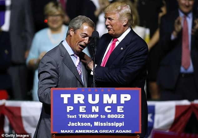 Nigel Farage is pictured at a Donald Trump campaign rally at the Mississippi Coliseum on August 24, 2016