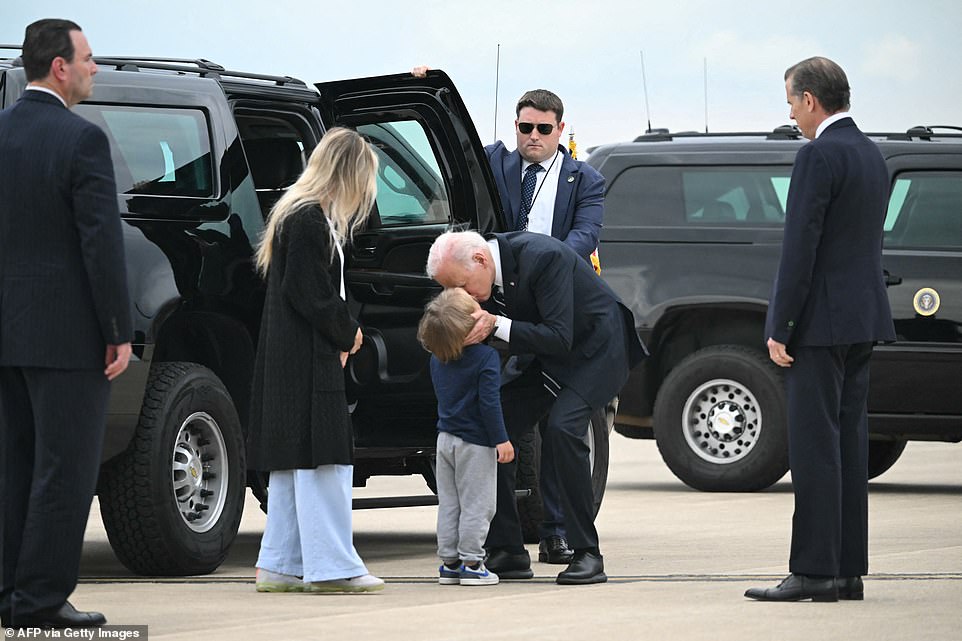 When Biden landed at the Delaware Air National Guard, Hunter, his wife Melissa Cohen — who was by his side throughout the trial — and four-year-old baby Beau were waiting for him.  The president grabbed his son as reporters rushed over to capture the moment, hugging him emotionally and then pulling him back to him, his arm hovering above Hunter's for about five seconds.