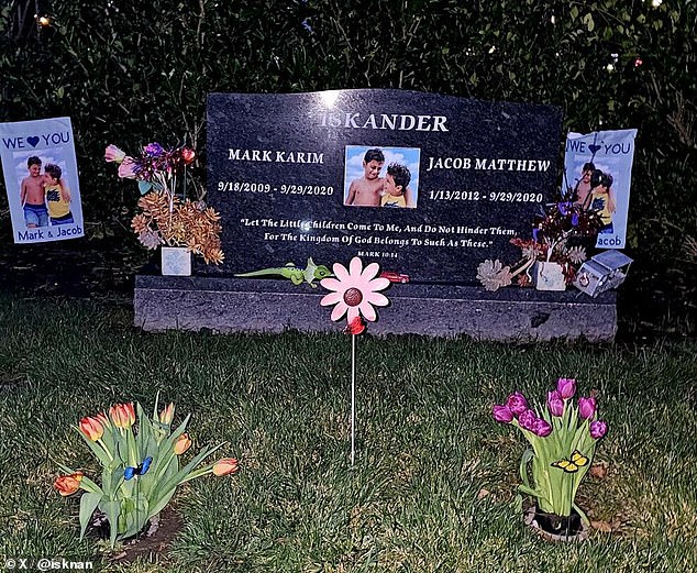 Pictured is the grave of Mark and Jacob Iskander.  Rebecca Grossman fatally struck the siblings while speeding in September 2020