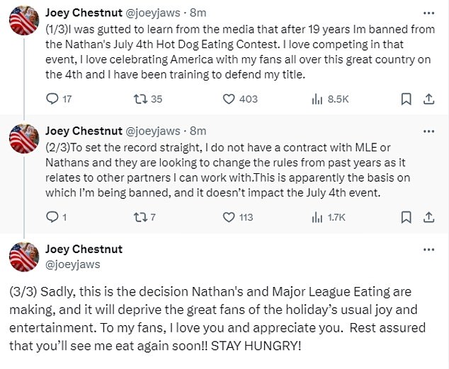 Chestnut says he was training to defend his 2023 title before being 'banned' from the competition
