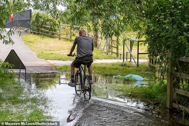 Pictured: Wet conditions between the village of Eton Wick and Slough next to Roundmoor Ditch in Berkshire, June 9, 2024