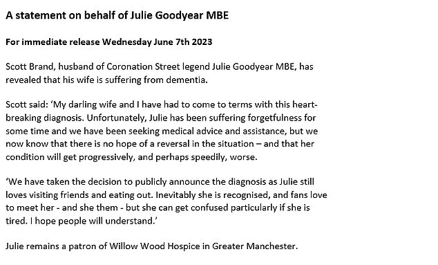 Scott announced the news that Julie had been diagnosed with dementia last June, with a statement saying: 'My dear wife and I have had to accept this heartbreaking diagnosis.'