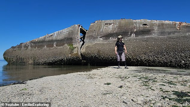 The enormous hull has been split into two pieces after decades of storming from the waters of Nisqually Reach and still attracts curious tourists who can walk to it at low tide.