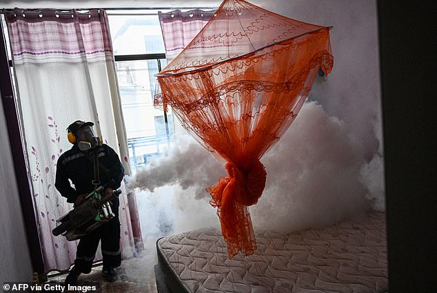 Dengue fever is a viral infection transmitted by mosquitoes that has traditionally been limited to tropical or subtropical climates.  It infects an estimated 400 million people per year.  In the photo: a house in Peru being fumigated against mosquitoes to prevent the spread of the disease