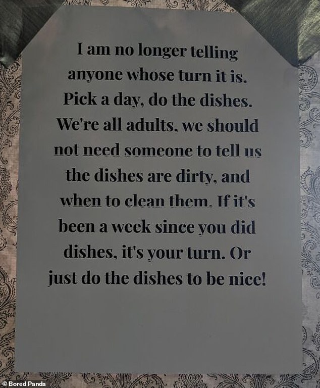 This sign, believed to be from North America, shows how petty people become when others don't make an effort with household chores