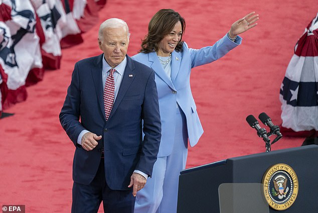 US President Joe Biden with Vice President Kamala Harris after concluding his remarks at a campaign event