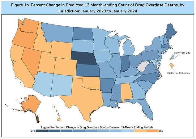 The map above shows how overdose deaths have shifted by state over the past year.  Although rates have fallen in many areas, they still remain double in 2015