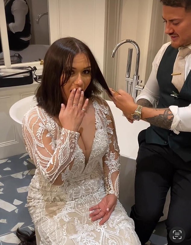 Courtney Sneddon, 27, prepares to cut her hip-length dark hair into a shoulder-length bob in the middle of her big day in 2022