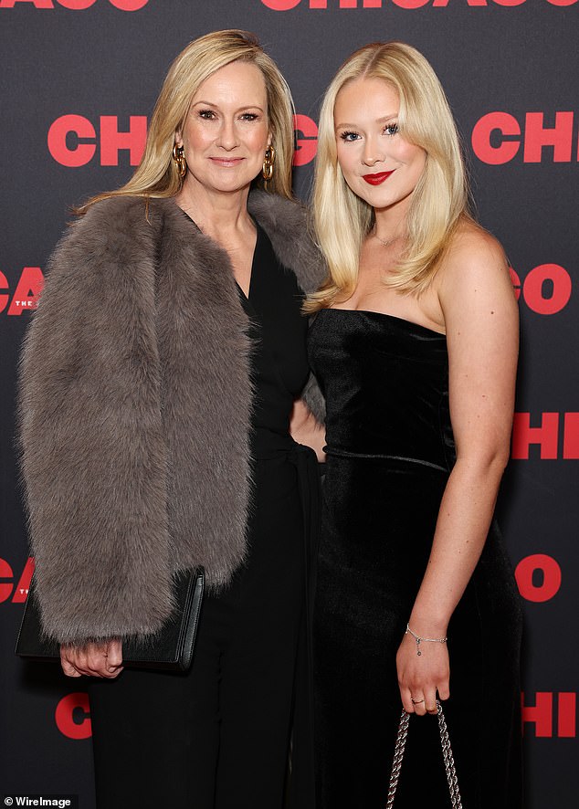 Former Sunrise presenter Melissa Doyle wore a luxurious gray faux fur coat and gold statement earrings, while daughter Natalia Dunlop stunned in a strapless black velvet dress