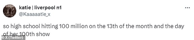 It was also announced today that 'So High School', a song from her eleventh studio album The Tortured Poets Department, has surpassed 100 million Spotify streams