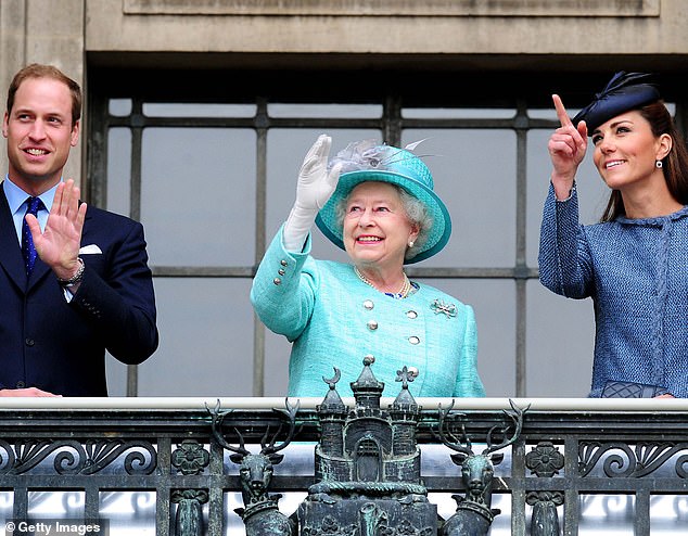 Kate with The Queen on the balcony of Nottingham's Council House during The Queen's Diamond Jubilee tour of Britain, June 13, 2012