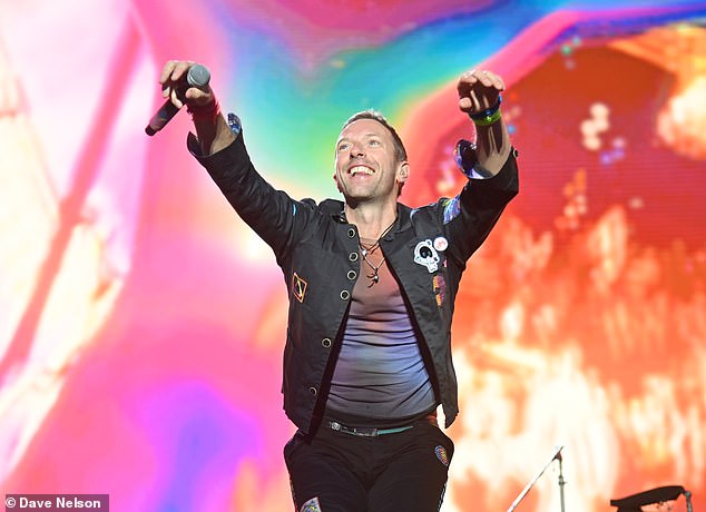 Lead singer of Coldplay Chris Martin is pictured.  The band has routinely condemned the prevalence of genocide in various speeches and interviews, seen by many as a commentary on the horrors unfolding in Gaza.