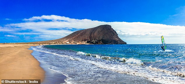A horror description of the situation on the most popular of the eight islands with British holidaymakers overnight claimed: 'In Tenerife, 57 million liters of waste water are discharged directly into the sea every day, equivalent to 17 Olympic swimming pools with polluted water.  ' In the photo: La Tejita beach in Tenerife