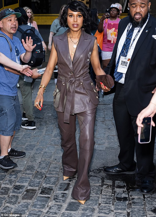 The Little Fires Everywhere actress attended the 2024 Tribeca Festival in New York City wearing a leather-lined, low-cut brown belted vest and matching flared leather pants