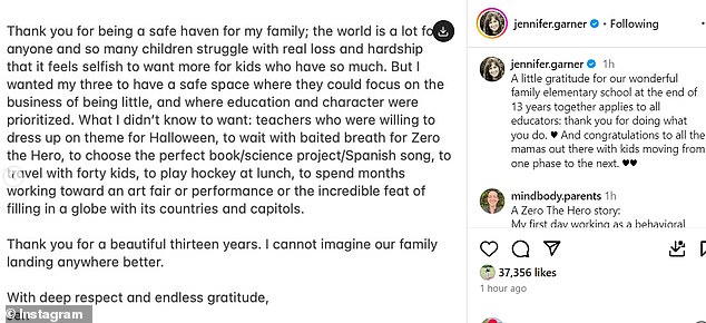 It comes as Jennifer thanked teachers at her child's school for providing a 'safe haven' for children in a heartfelt post