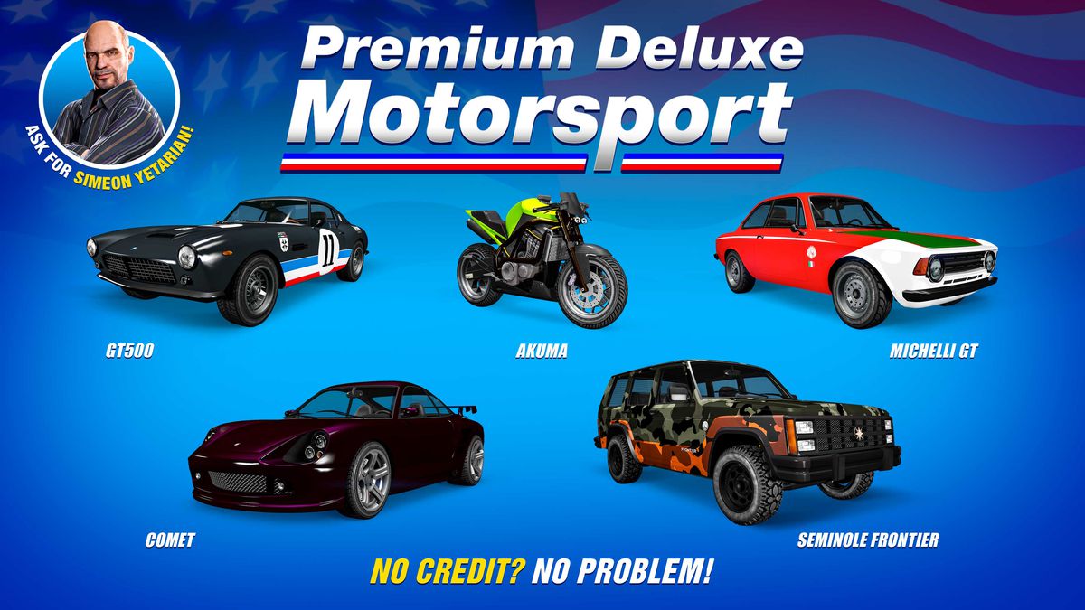 GTA Online promo art for vehicles on sale this week at Premium Deluxe Motorsport