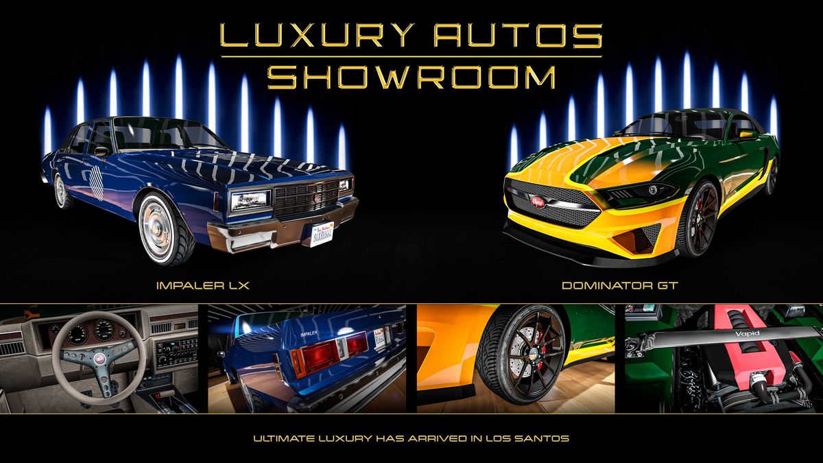 GTA Online promo art for vehicles on sale this week at Luxury Autos Showroom