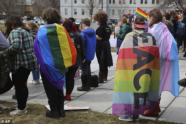 The fight for trans rights in Vermont has led to protests, including this one at the statehouse in Montpelier in March 2023