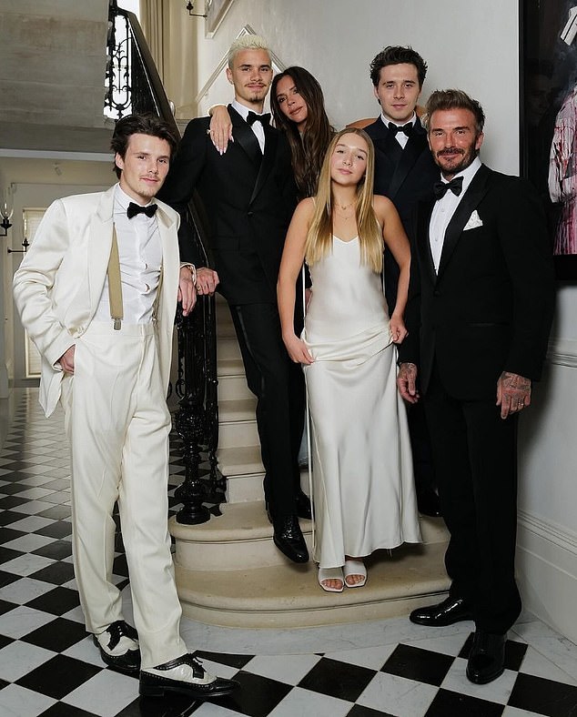 Football legend David is married to former Spice Girl Victoria and they share four children: Brooklyn, 25 (right), Romeo, 21 (top centre), Cruz, 19 (left) and Harper, 12 (bottom centre)