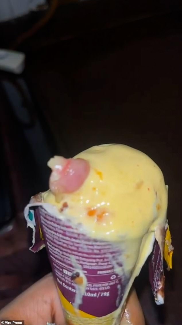 Orlem Brandon Serrao's sister ordered three Yummo ice cream cones and had the desserts delivered to his home in Malad, Mumbai on June 13.  But he was shocked to discover a strange object sticking out of the ice (pictured)