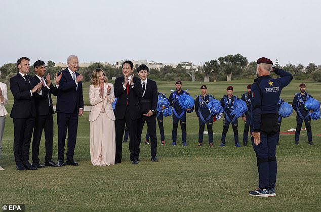 French President Emmanuel Macron, British Prime Minister Rishi Sunak, US President Joe Biden, Italian Prime Minister Giorgia Meloni and Japanese Prime Minister Fumio Kishida, attend a flag ceremony during the G7 Summit in Borgo Egnazia, Brindisi, Italy, June 13, 2024