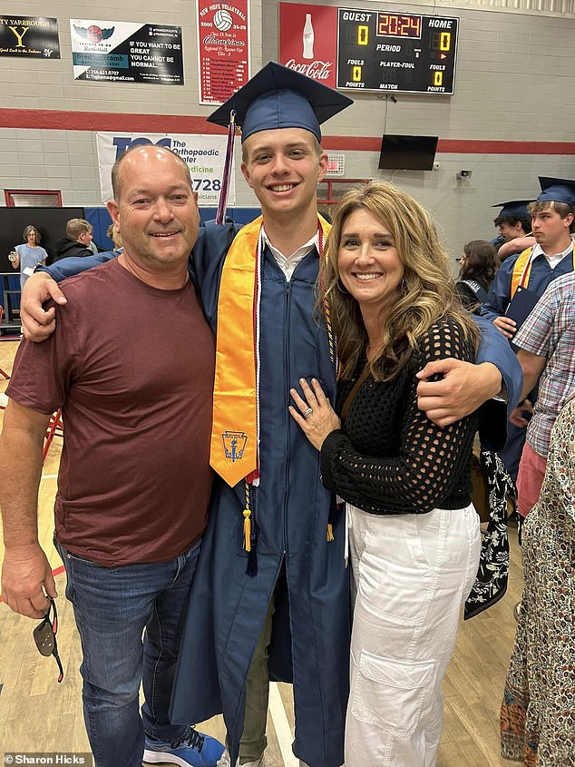 Hayden's family (pictured with his parents Chris and Sharon Hicks) want to get him home to the US as soon as possible so he can receive treatment, and he may need more surgery.