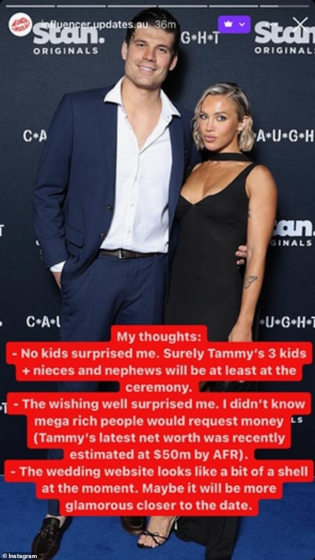 Influencer watchdog account @influencer.updates.au shared details of the wedding and also weighed in on the wishing well and no child requests