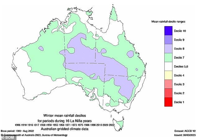 Weather Zone meteorologist Quincy Tut told Daily Mail Australia the rain and icy temperatures would continue through the weekend (photo, a BOM weather map)