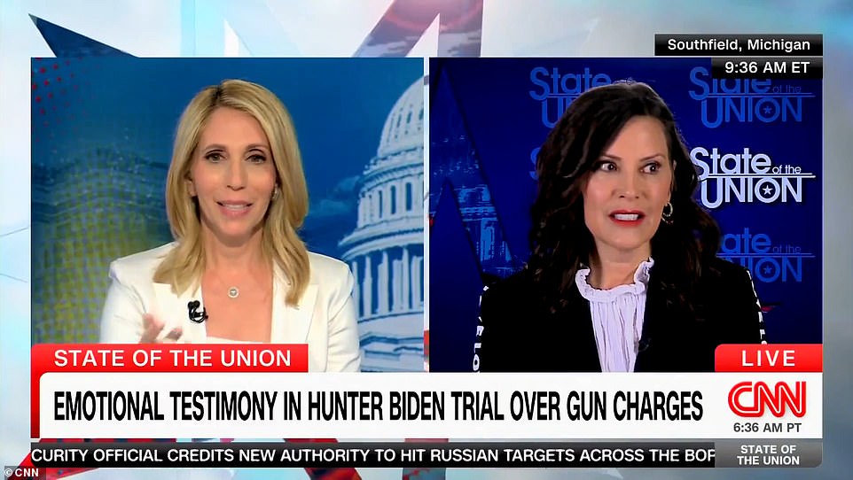 She was shortlisted to be his running mate in 2020. She was also considered someone who could be the Democratic presidential nominee in November in the event that Biden did not run for re-election.  Speaking in a virtual interview with CNN on Sunday, Whitmer claimed she began to lose connection the moment State of the Union host Dana Bash asked her to respond to the guilty verdict against Biden's son.