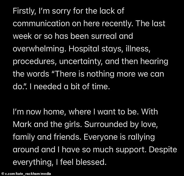 She last gave an update on her health on June 7, in which she apologized for the 'lack of communication'