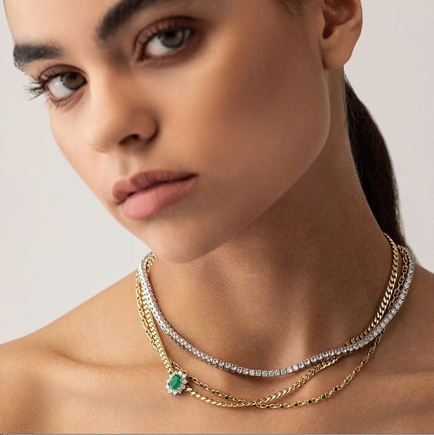 'A great stack of chains for summer starts with a heart-shaped tennis chain that sits high on your collarbone.  “Place a gold Cuban chain on top that is just a little longer than the tennis chain and complete the set with an emerald green charm for a fresh atmosphere,” says Keren Yoshua, founder of Artizan Joyeria