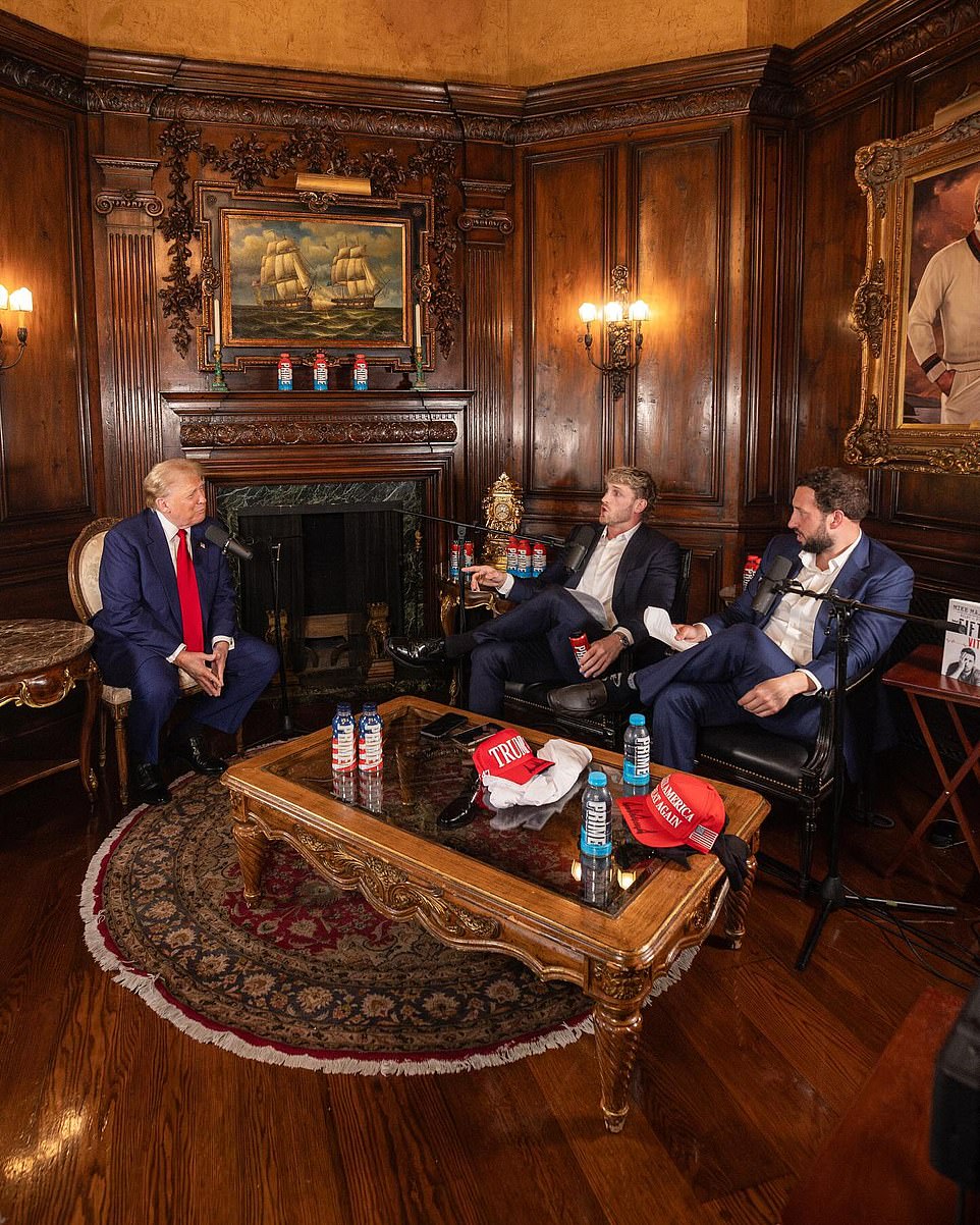 Announcing the release of Thursday's episode, Paul posed for a photo in a suit and boots with the former president, showing the pair holding Paul's WWE championship belt.  In another image, Paul and his co-host Mike Majlak are seen at the president's home interviewing him for the show, as bottles of his Prime drink are placed around the room.