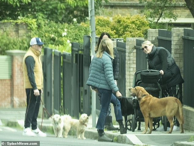 The couple, who married in 2021, stopped to chat with other dog walkers and took the opportunity to check that the toddler was comfortable in his carrier