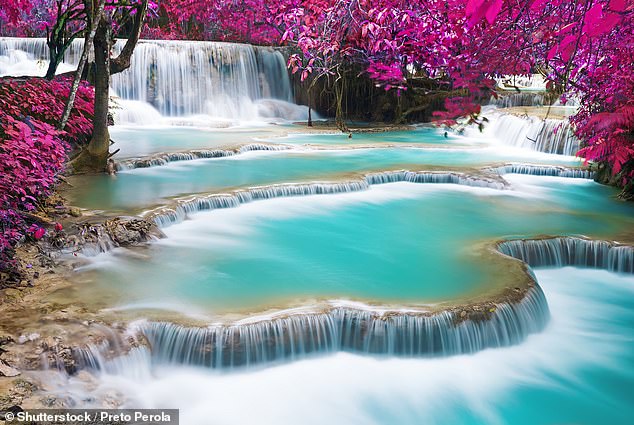 Annabel swims in the Kuang Si Falls, pictured, a series of waterfalls and aquamarine pools