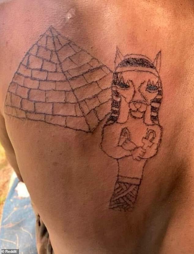 One person got a tattoo of what appears to be an Egyptian pharaoh holding an ankh next to a pyramid, but it looks like it could have been drawn by a child